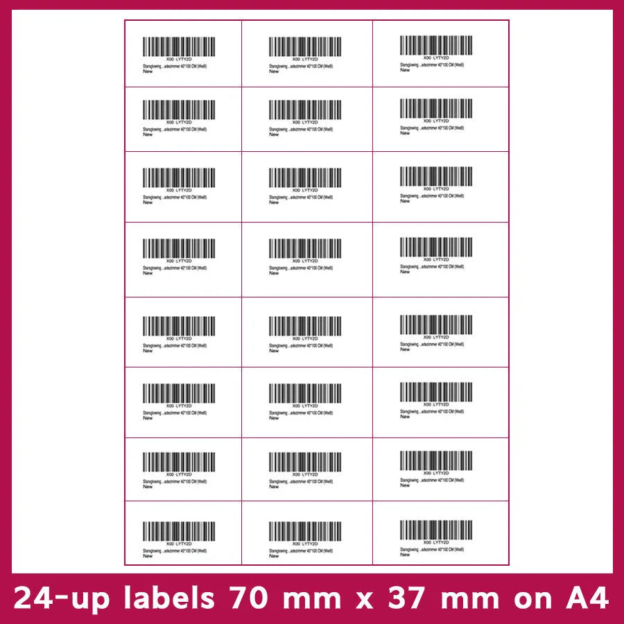 Pack of A4 FBA label paper sheets showing various pre-printed grid formats for barcodes.