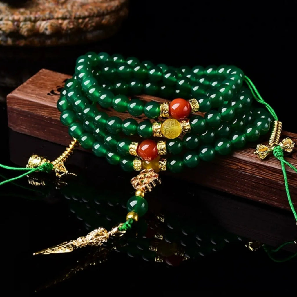 Natural green agate multi-circle bracelet for men and women with adjustable band.
