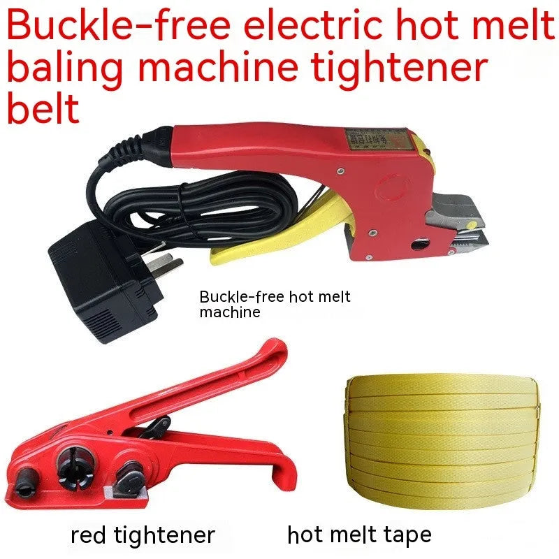 Electric hot melt packing machine with plastic steel tensioner and yellow packaging tape for portable buckle-free packing