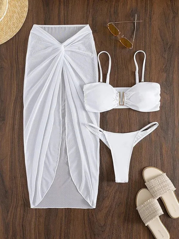 Women's multicolour bikini three-piece set with culotte skirt in French style