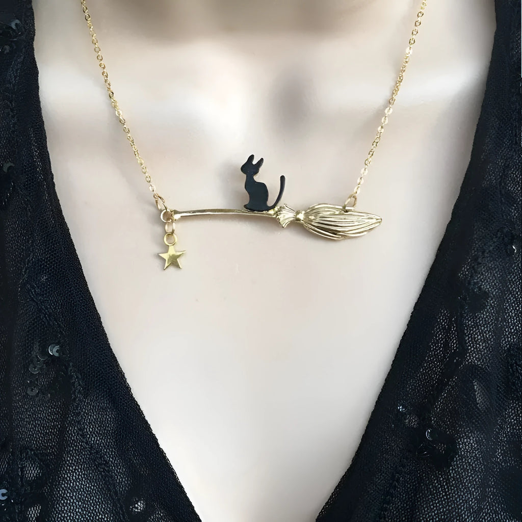 Black cat pendant Halloween necklace for women in alloy with silver or gold finish options