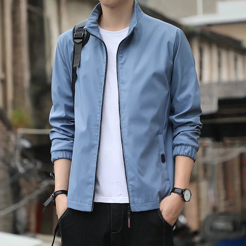 Korean style loose lapel autumn jacket for men in black with zipper pockets