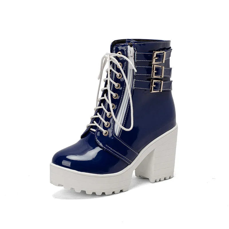Women's black thick heel ankle boots with front lace-up and round toe