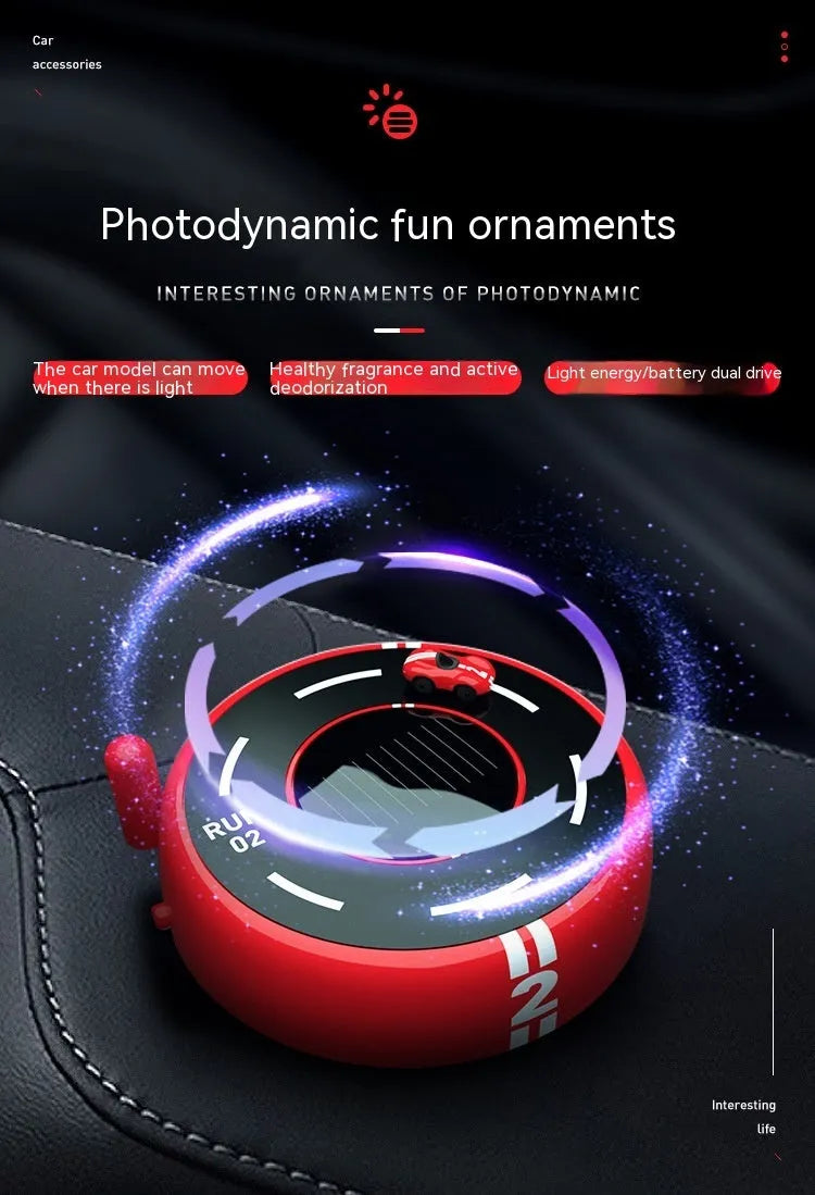 Round black solar-powered car perfume diffuser with USB port on a car dashboard.