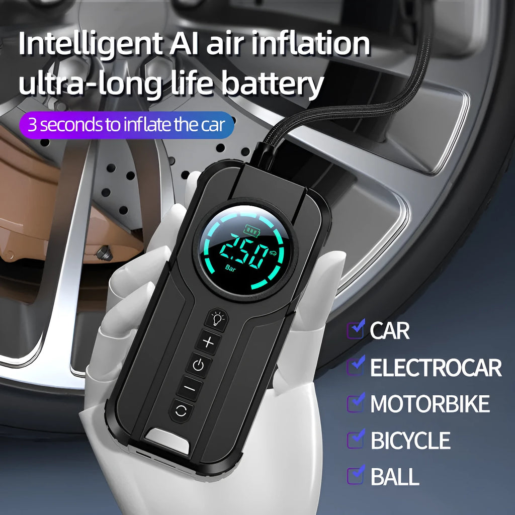 Black wireless portable car tyre air pump with 12V cable and nozzles on a grey background.
