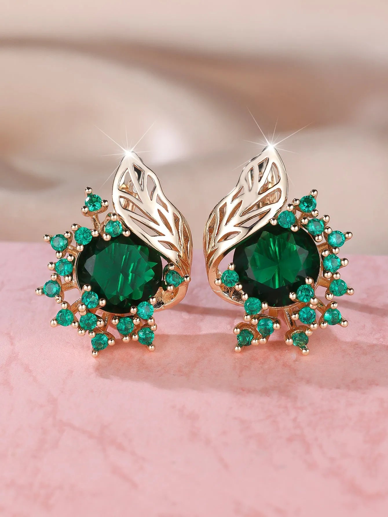 Round flowers feather design rose gold zircon earrings with coloured stone centre options