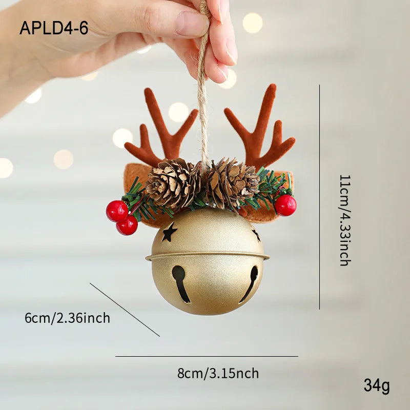 Wrought iron mixed pendant with antlers, bowknot, pine cone, and bell in golden finish