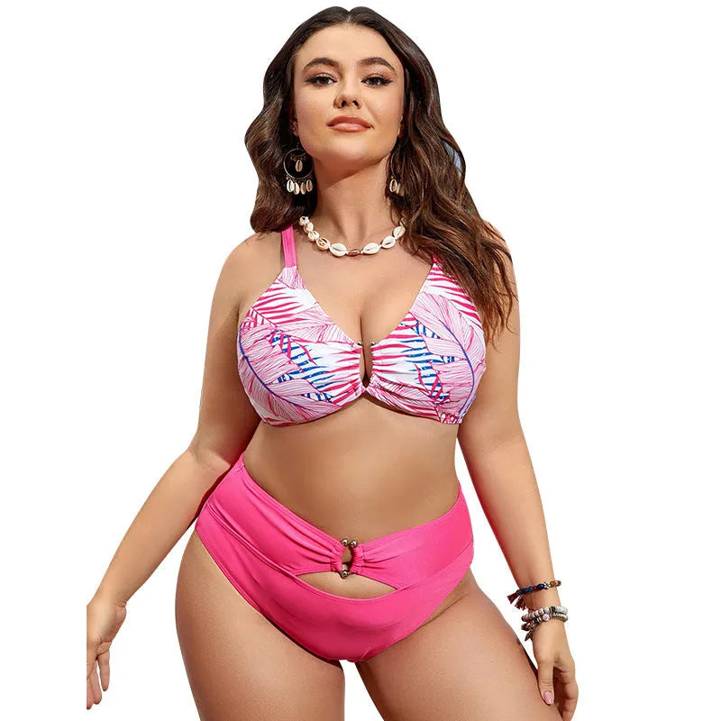 Pink floral plus size swimsuit with vintage bikini design and supportive straps