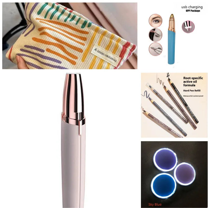 Eyebrow epilator pen with gold plated head and LED light on pink background