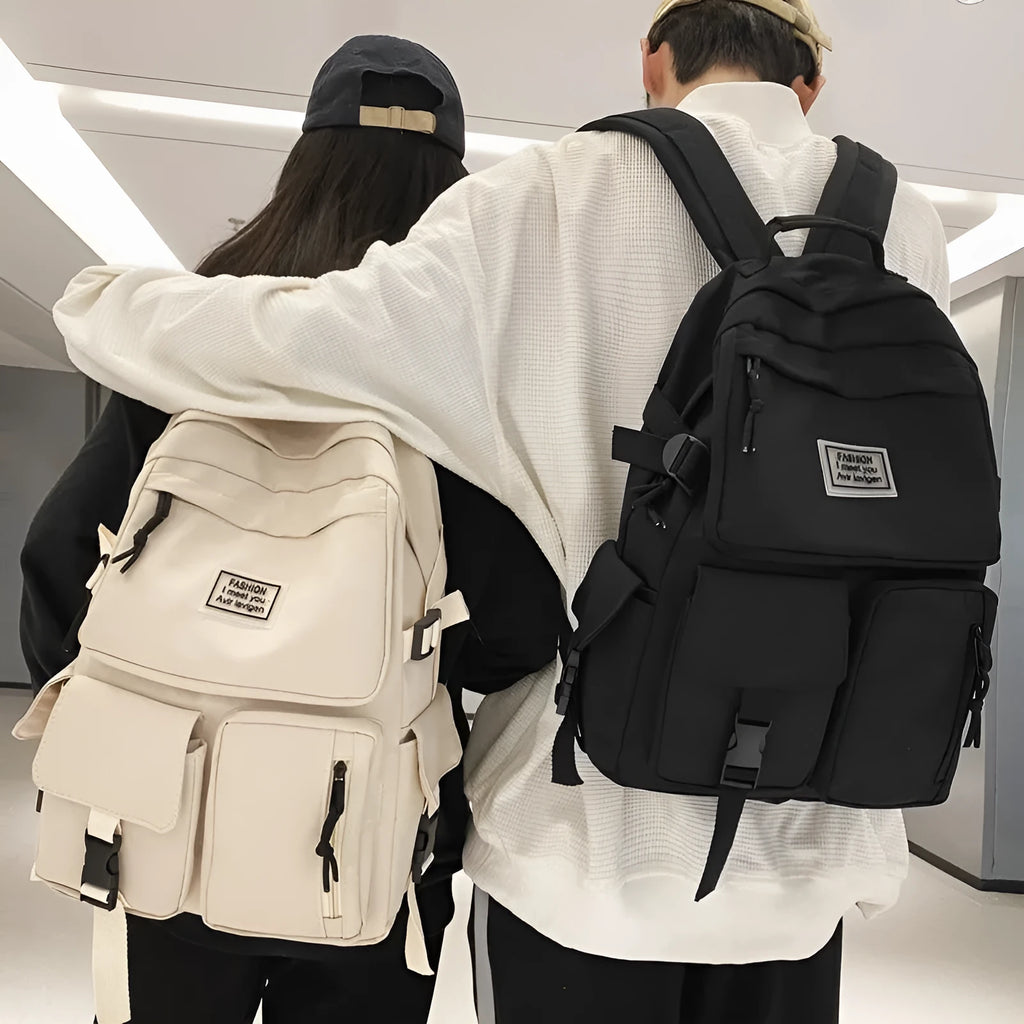 31cm black and white nylon student backpack with computer compartment and outer pockets