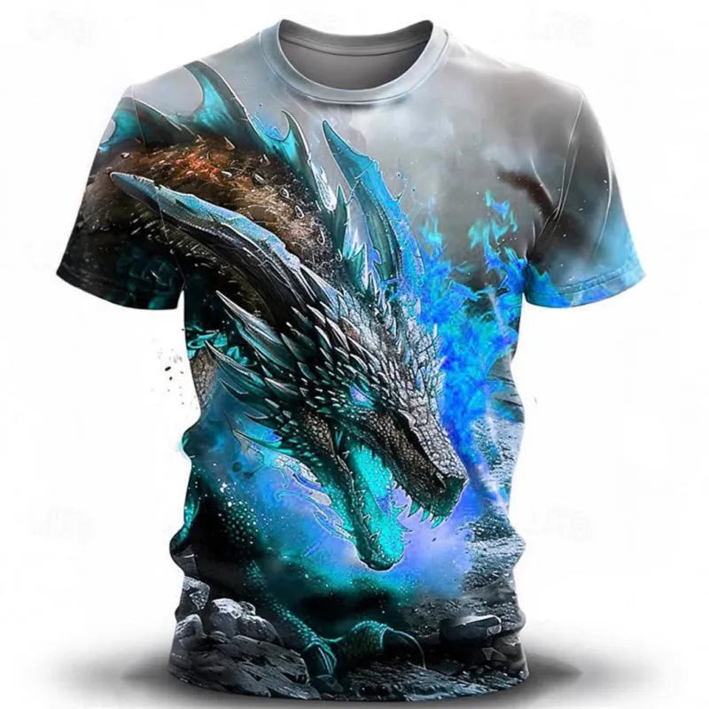 Men's grey T-shirt with a large, detailed 3D blue and white wind dragon print across the chest.