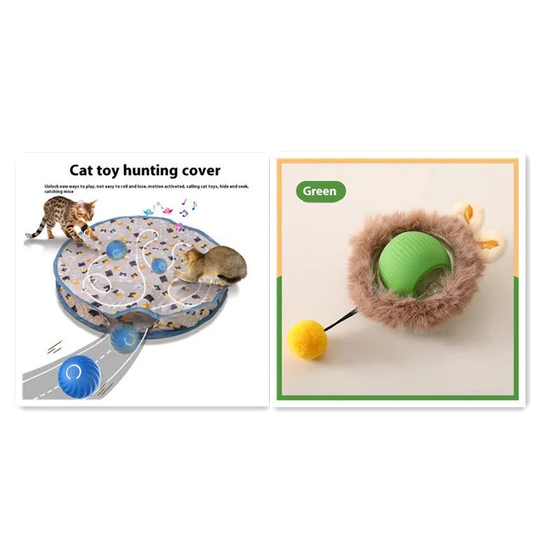 Flexible silicone rolling ball cat toy in plush red, green, and grey colours