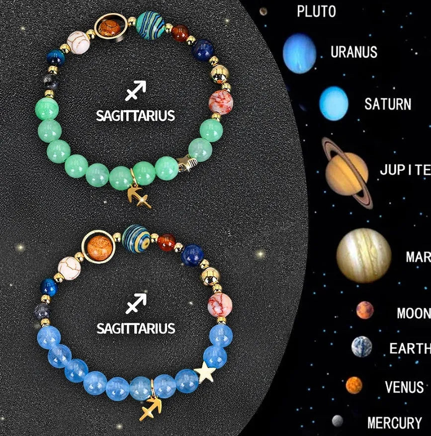 Two natural stone beaded bracelets with Chinese zodiac animal designs on elastic wristbands.