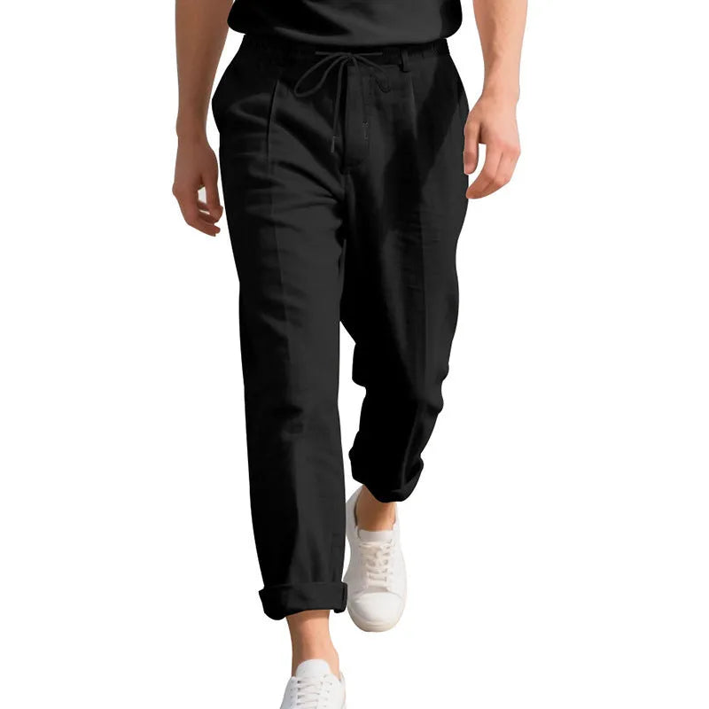 Men's linen casual trousers in loose straight fit with drawstring waist in various colours