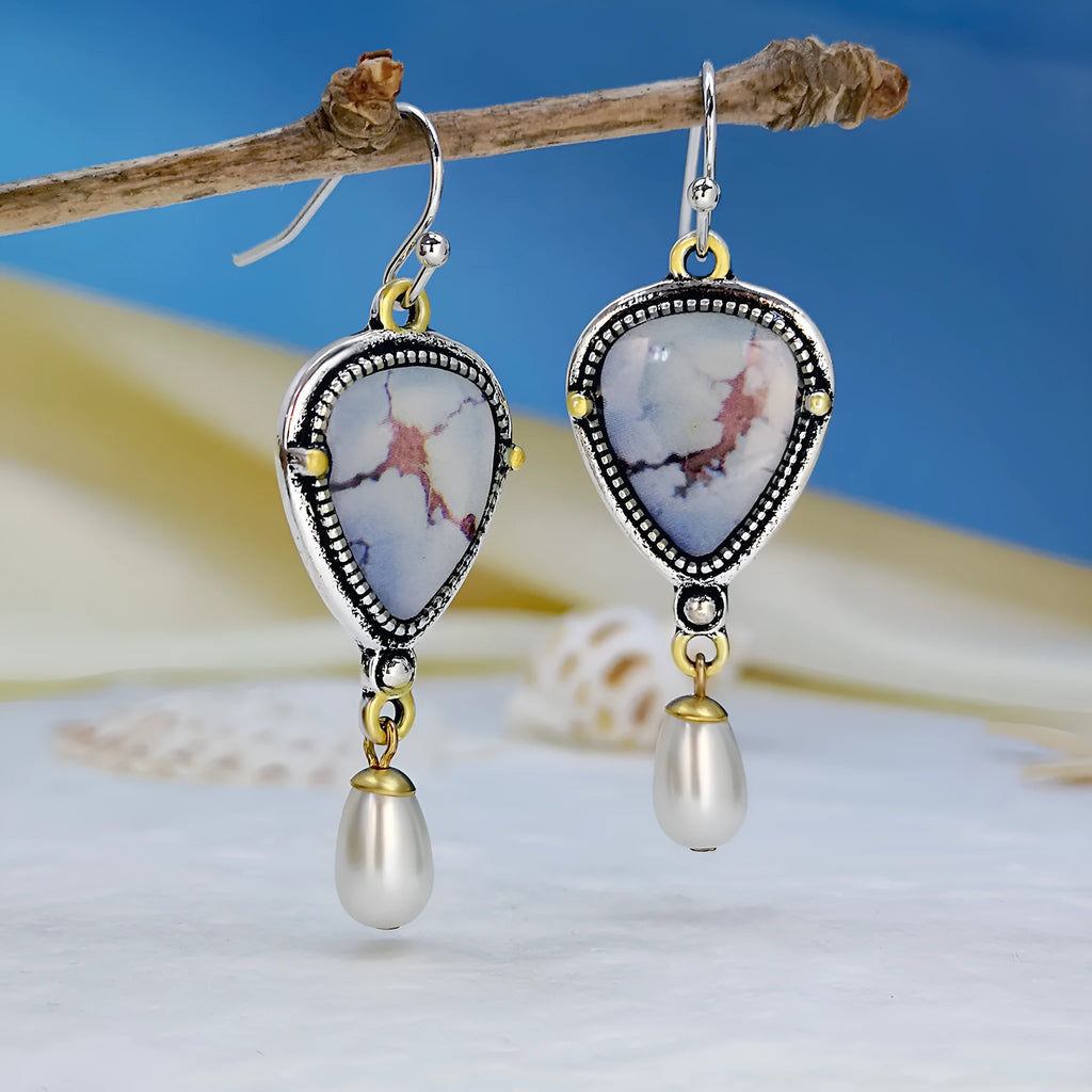 Retro blue Bohemian drop earrings with synthetic opal and pearl accents, 49mm length
