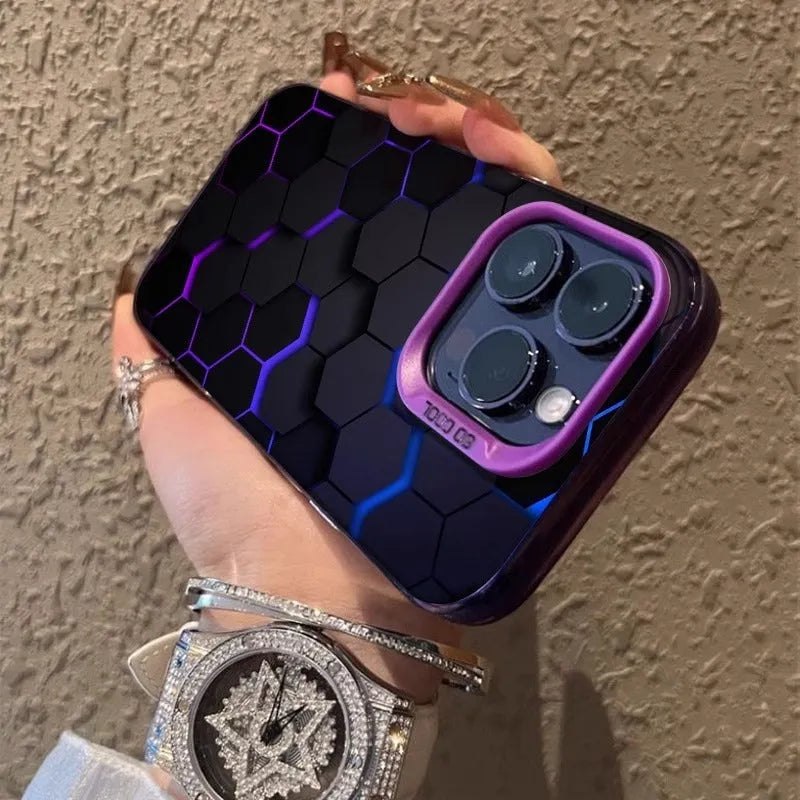 Frosted iPhone case with a contrasting honeycomb square design on the back in Moonlight Black.
