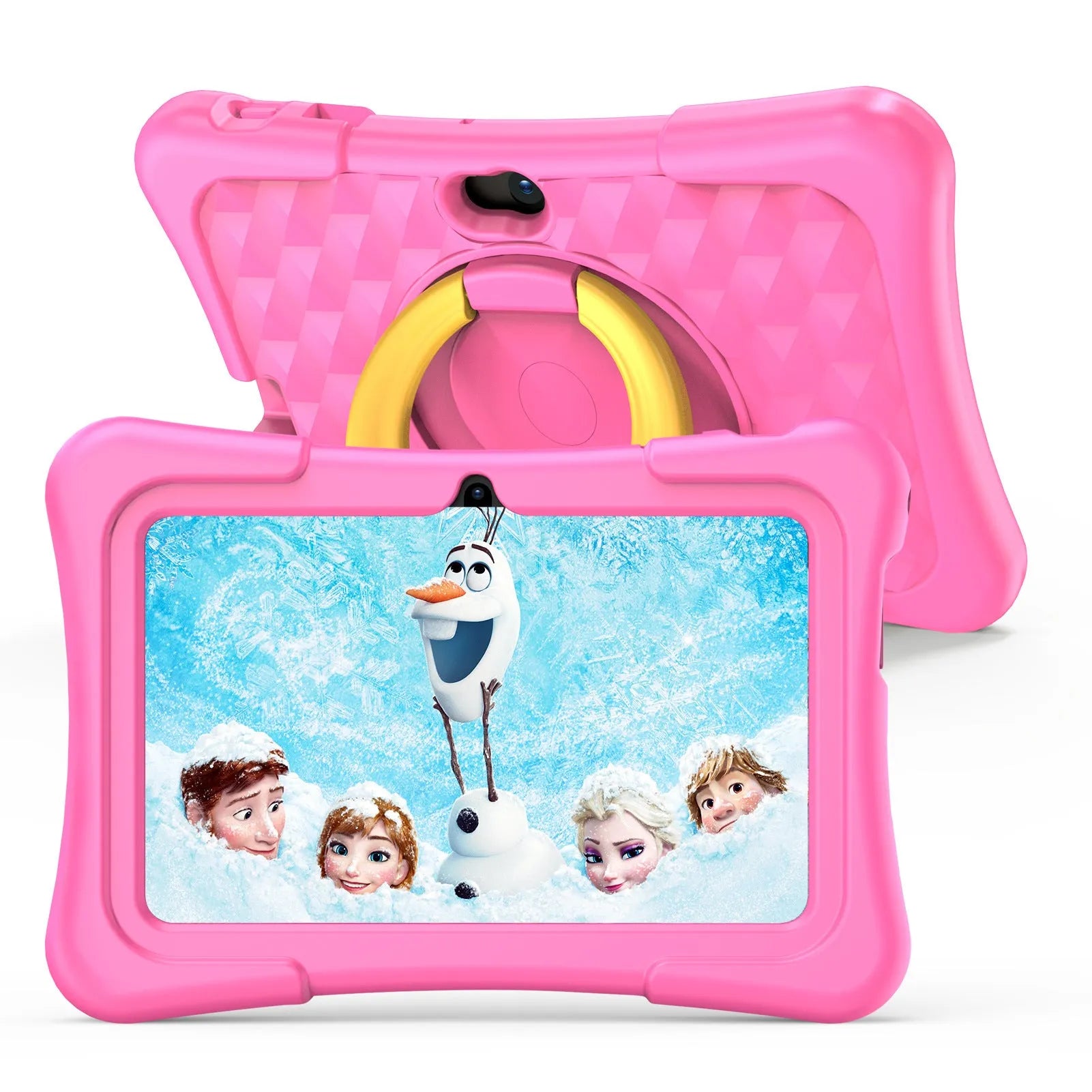 Blue children's educational tablet with silicone cover and a white rotating handle, showing a 7-inch screen.
