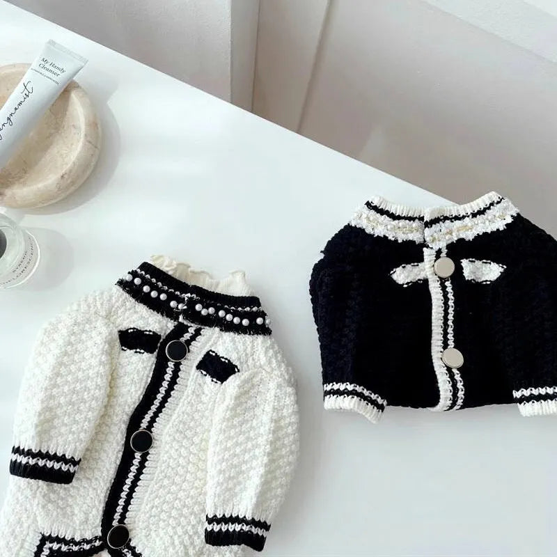 White Korean style dog sweater with pearl collar on small dog, showing princess cut and decorative details