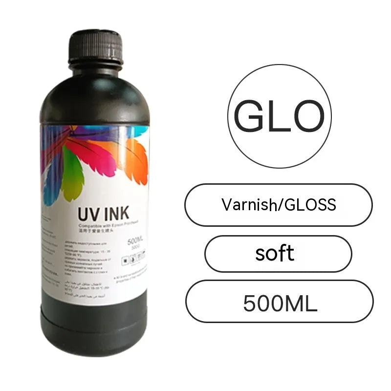 500ml bottle of Epson UV printer ink for XP600 TX800 F186000 F189000 models, showing colour options.