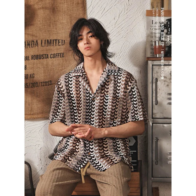 Japanese style Cuban collar short sleeve shirt with hollow jacquard pattern in grey or red