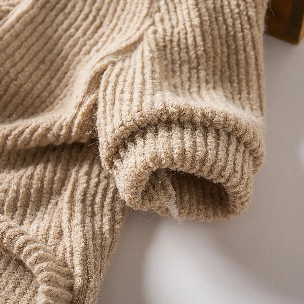 Brown cloth pullover sweater for small breed dog on model showing size fit