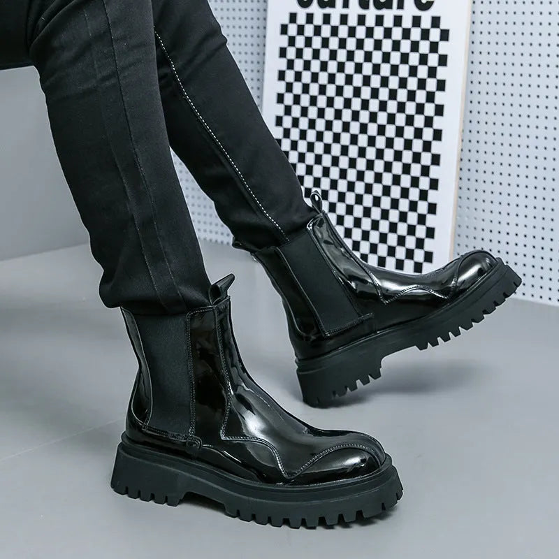 Men's glossy patent leather ankle boots with low square heel and sewing thread detail, black colour