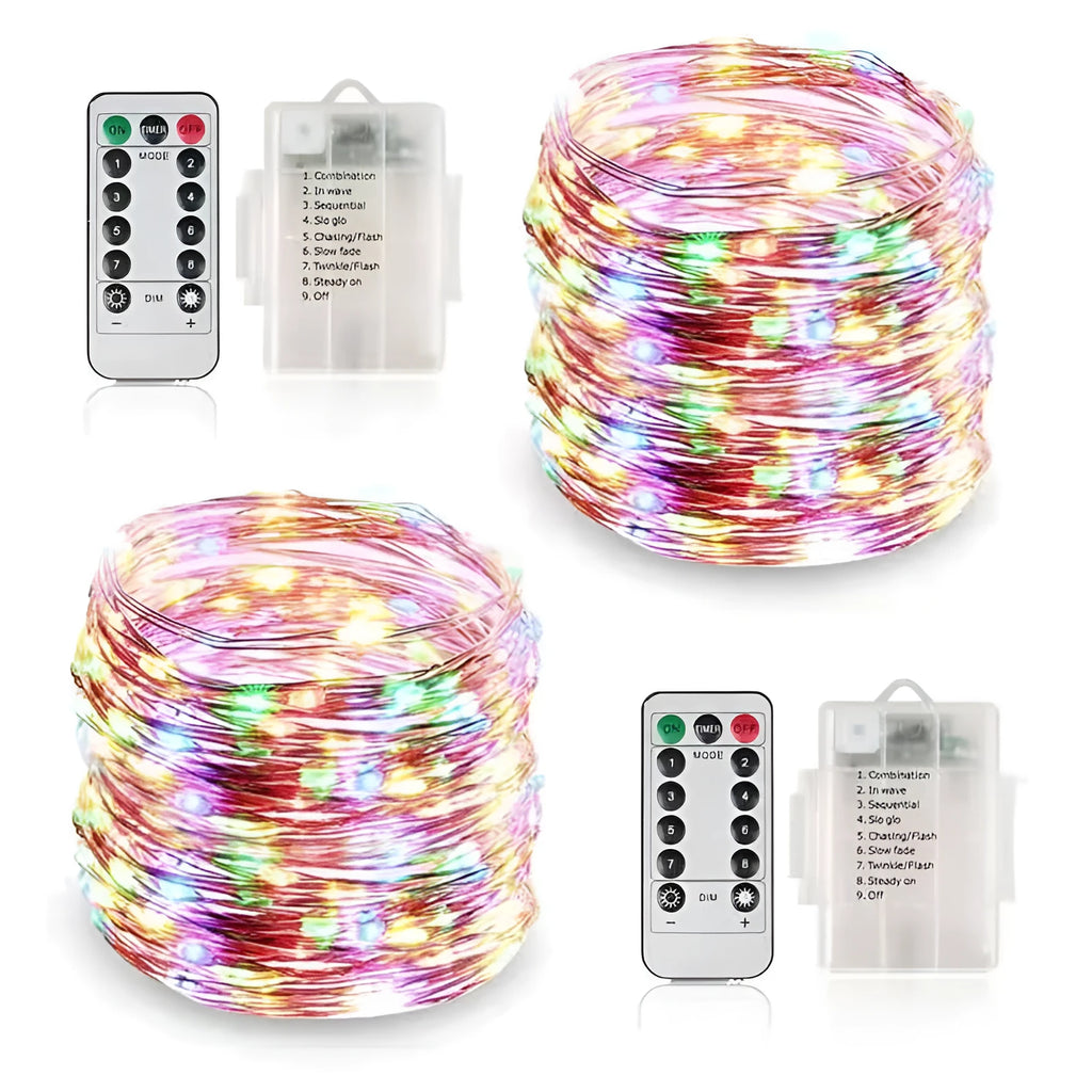 12 metre copper wire string light with battery box and 120 LED bulbs in multiple colour options