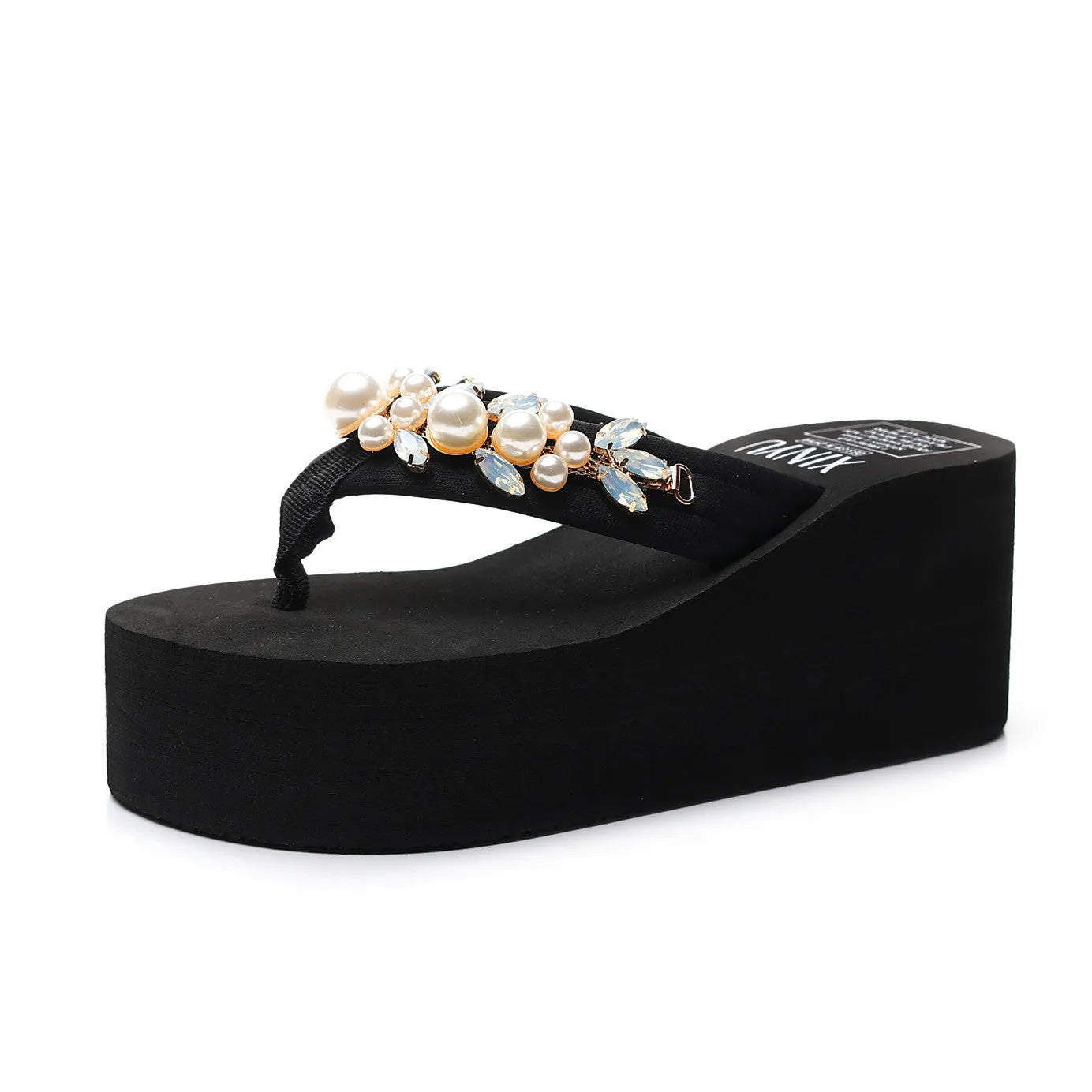 Women's high-heeled flip-flops with cotton cloth upper in black and beige colour options