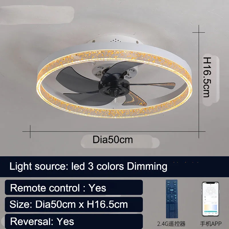 Nordic style ceiling fan lamp with remote control in coffee gold colour, 50cm diameter with LED lights