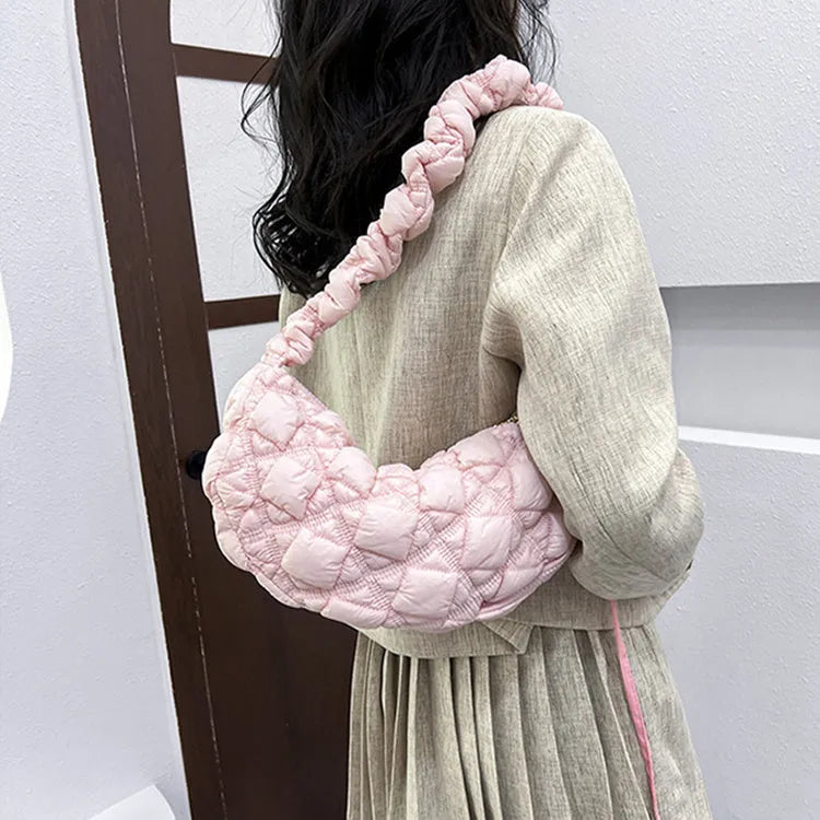 Women's casual nylon underarm messenger bag in beige colour showing dimensions and adjustable shoulder strap