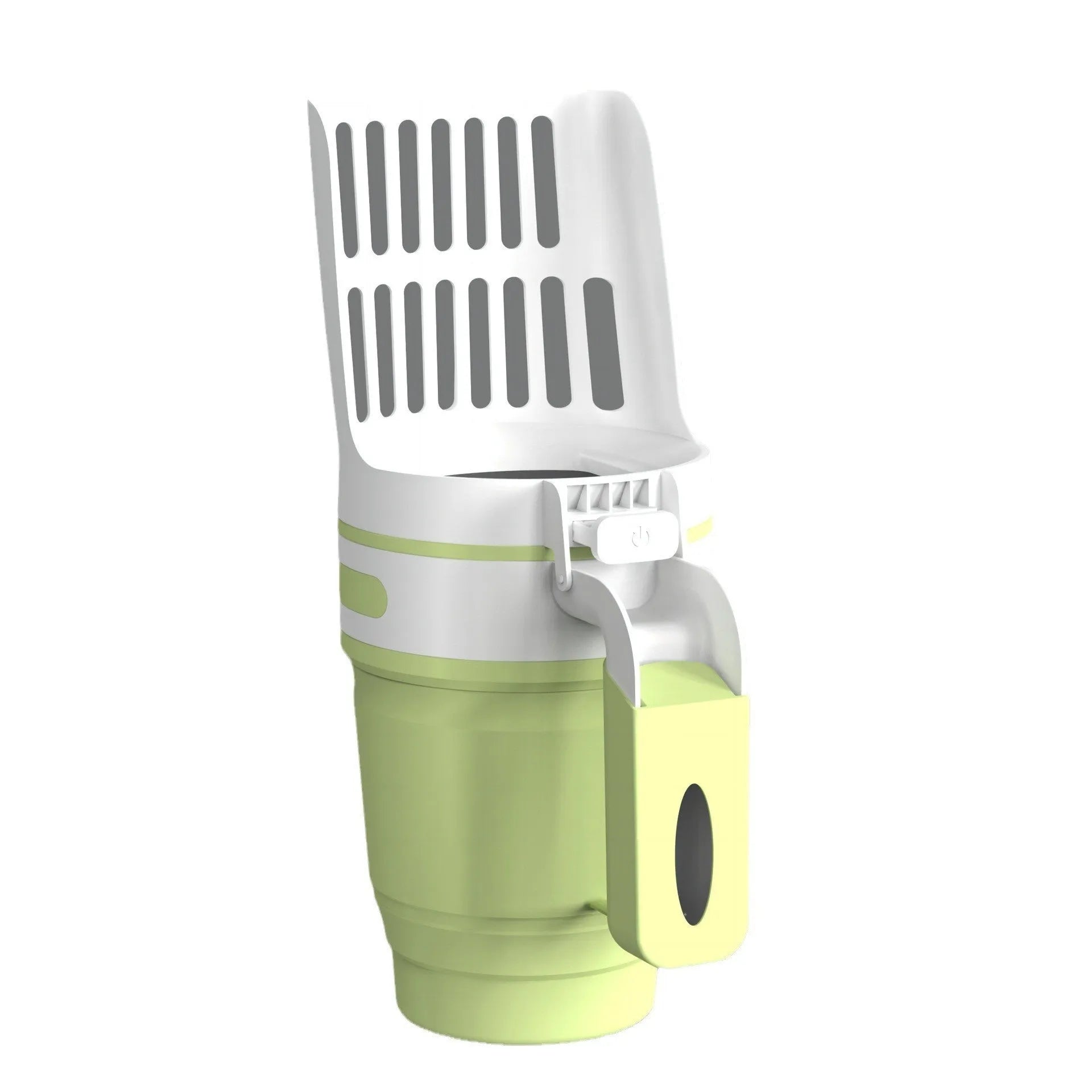 Grey foldable cat litter scoop with integrated waste collection bin and refill bags.