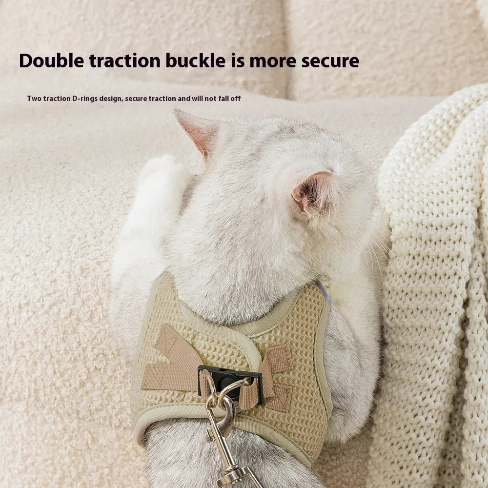 Brown cloth cat harness with integrated pulling rope and chest strap design