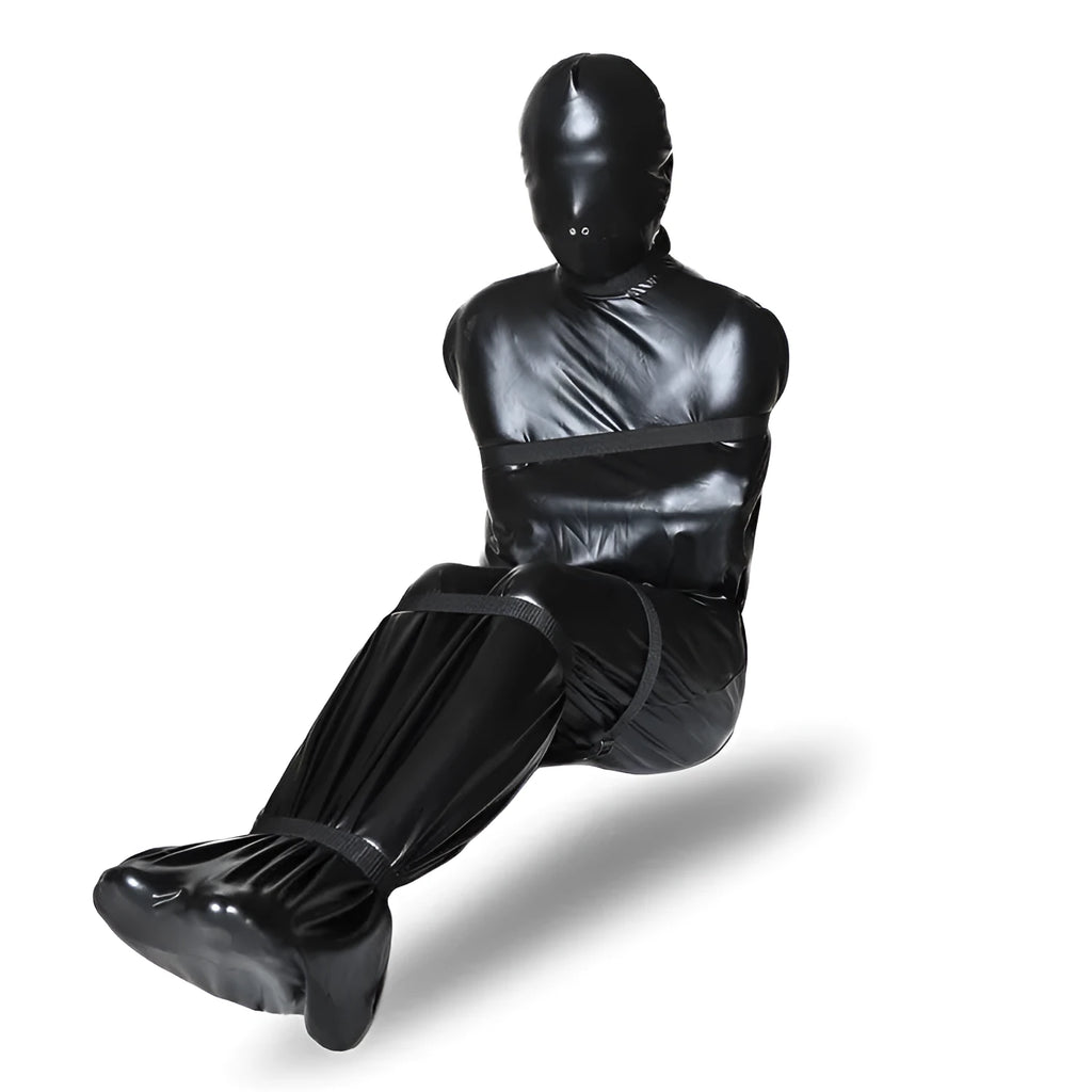 Black patent leather bondage kit with full-coverage garment and six ratchet tie-down straps