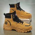 Men's black and yellow Martin boots with artificial PU upper and mid-calf length