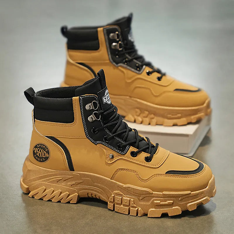 Men's black and yellow Martin boots with artificial PU upper and mid-calf length