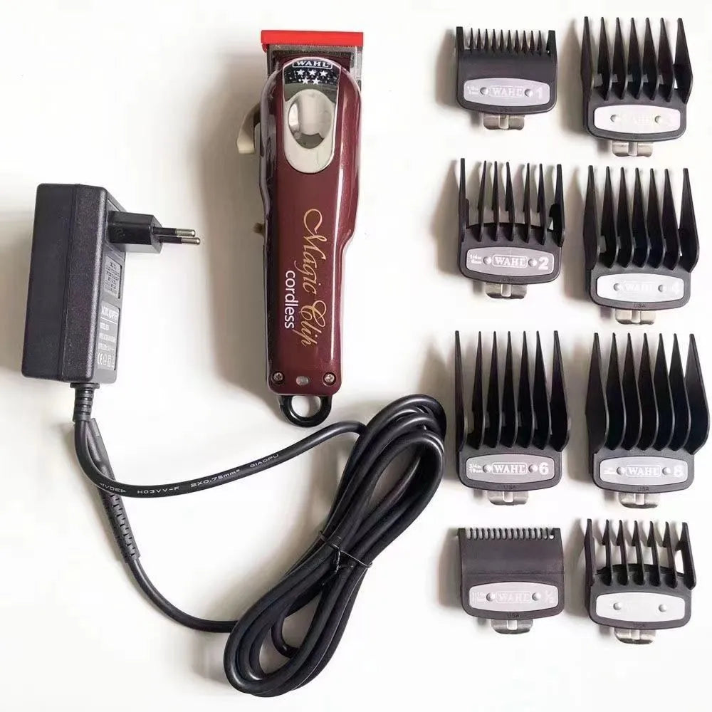 Charging hair clipper set with stainless steel cutter heads and EU, UK, US plug adaptors for adults and children