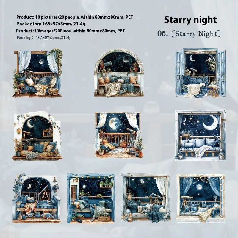 Retro style Window Story Series decorative journal stickers showing six different window-themed colour designs