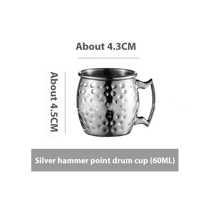 Stainless steel Moscow Mule cup with copper-plated finish in hammered and plain styles.