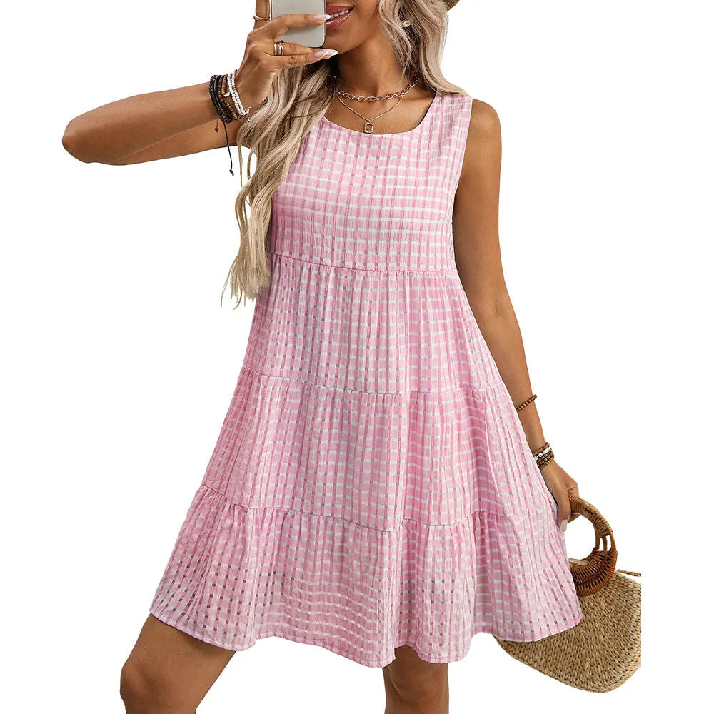 Light blue women's sleeveless plaid dress with high waist and loose swing skirt on a model.