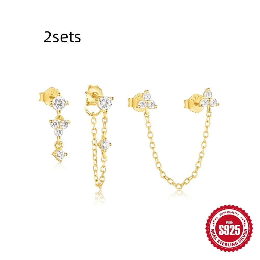 S925 sterling silver geometric zircon tassel earrings for women in gold colours