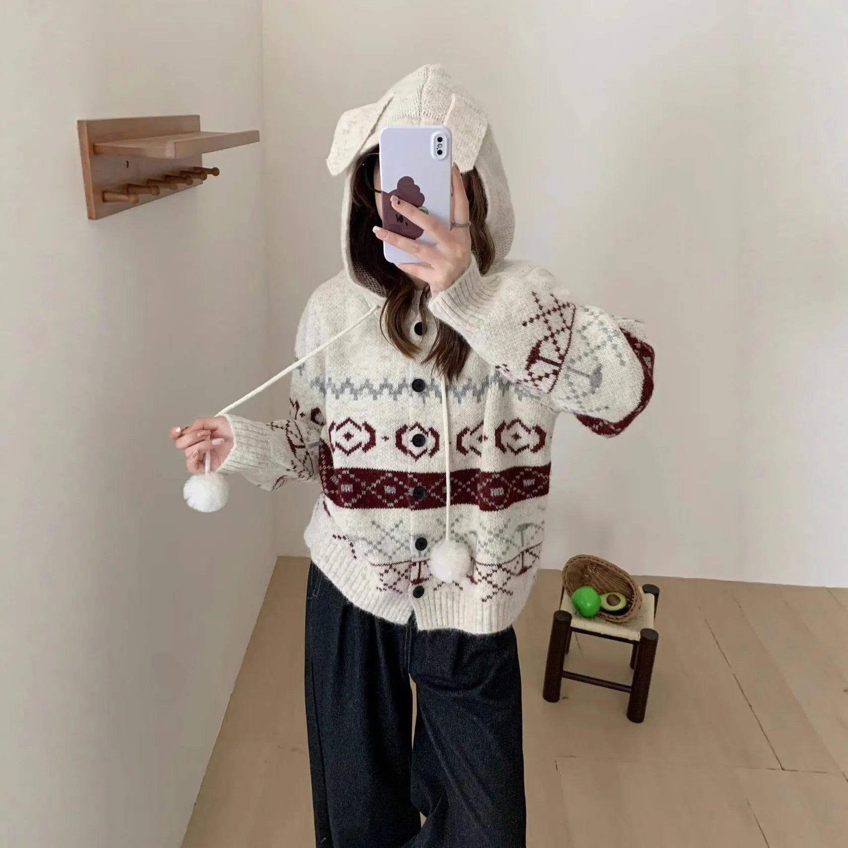 Women's plus size brocade sweater coat with geometric pattern in loose style
