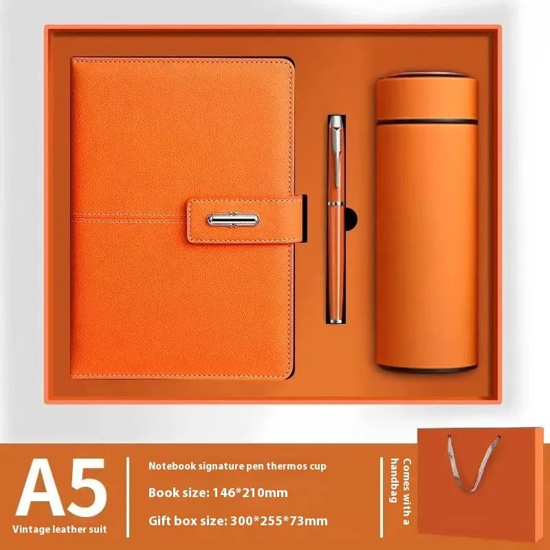 Custom A5 notebook with imitation leather cover in Business Black showing wood-free paper interior pages