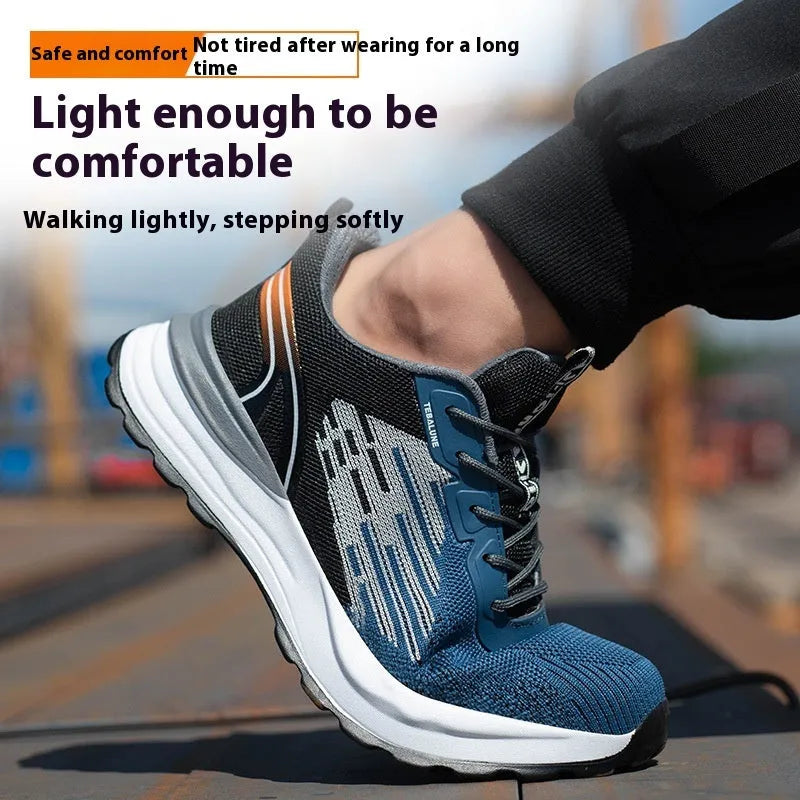 Blue men's low-top lace-up safety work shoes with mesh upper and plastic toe cap on a non-slip sole.