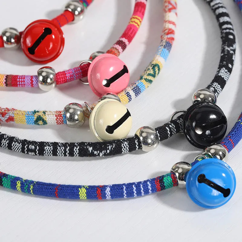Colourful ethnic pattern adjustable pet collar with bell in multiple colour options