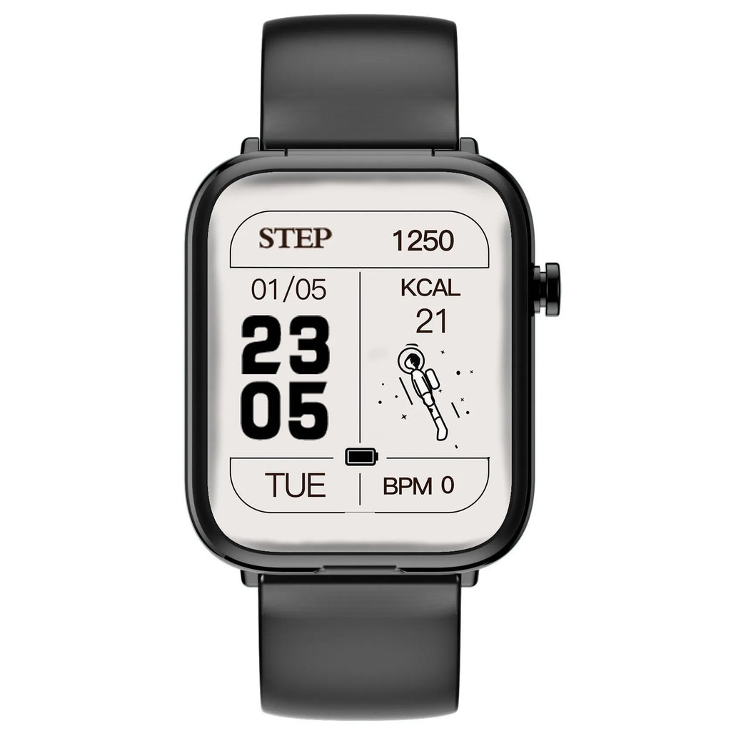 Black all-touch smart watch body with zinc alloy case, 1.69 inch screen, and integrated bluetooth headset features showing IP67 waterproof rating.