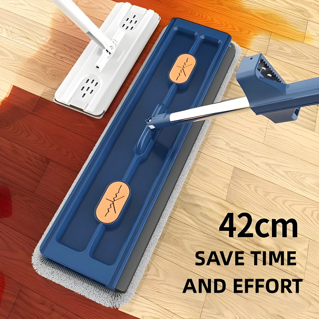 Large flat mop with stainless steel handle and blue cleaning cloths showing 360-degree rotating head