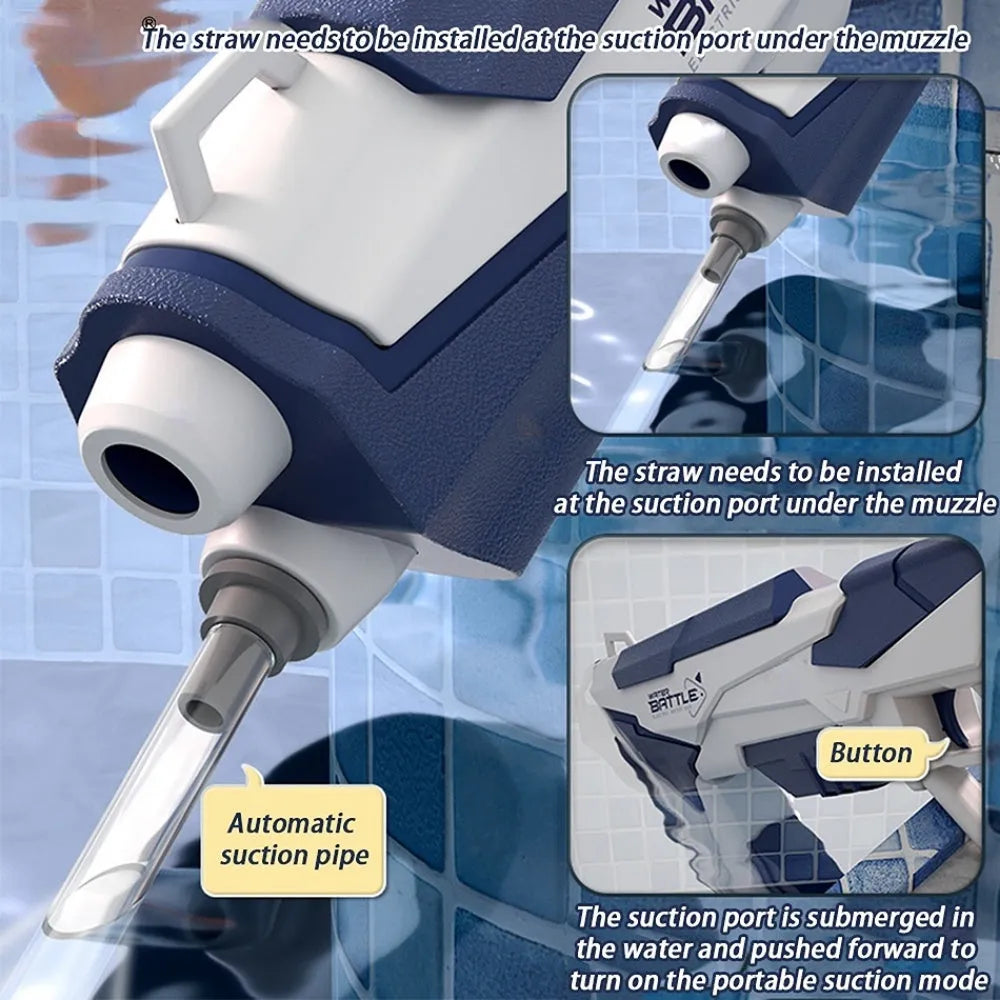Blue electric water gun with USB charging cable and automatic straw
