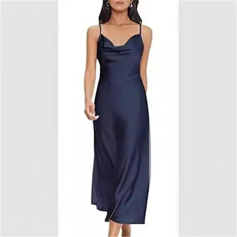 Strap satin without back pajamas dress for women in sleeveless style with wide waist in red black pink dark green navy blue