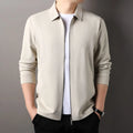 Men's casual business jacket in black, dark grey, or apricot with long sleeves and a straight hem.