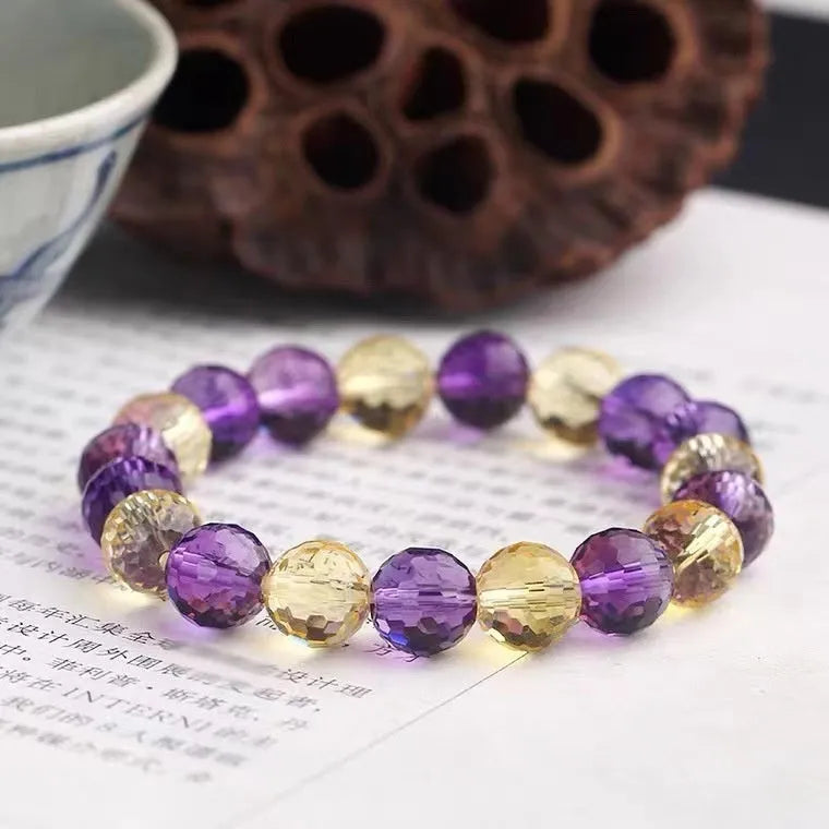 Handcrafted 128-facet cut crystal bracelet in amethyst, ametrine, or citrine colour with choice of bead size.